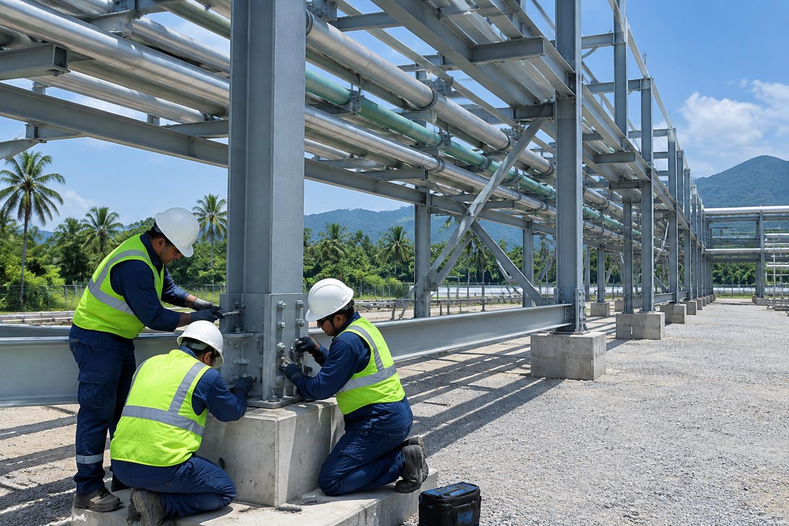 Imagen referencial de personal técnico ensamblando una estructura metálica y tuberías industriales