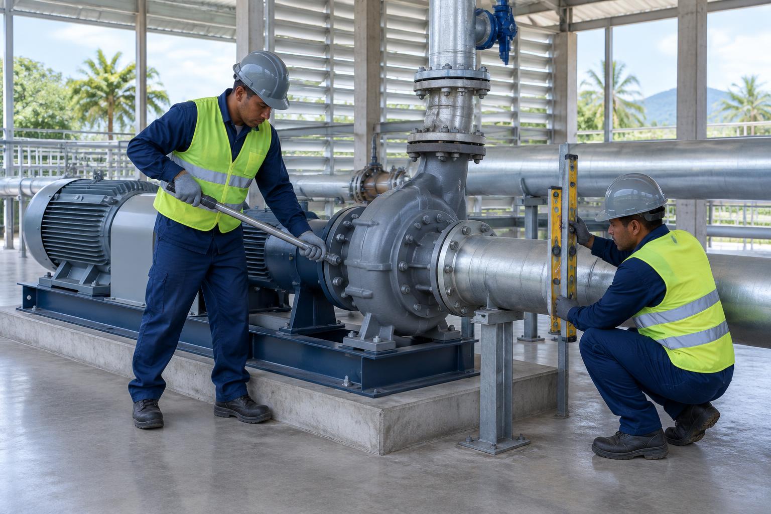 Imagen referencial de técnicos ajustando una bomba y sus conexiones en una instalación industrial