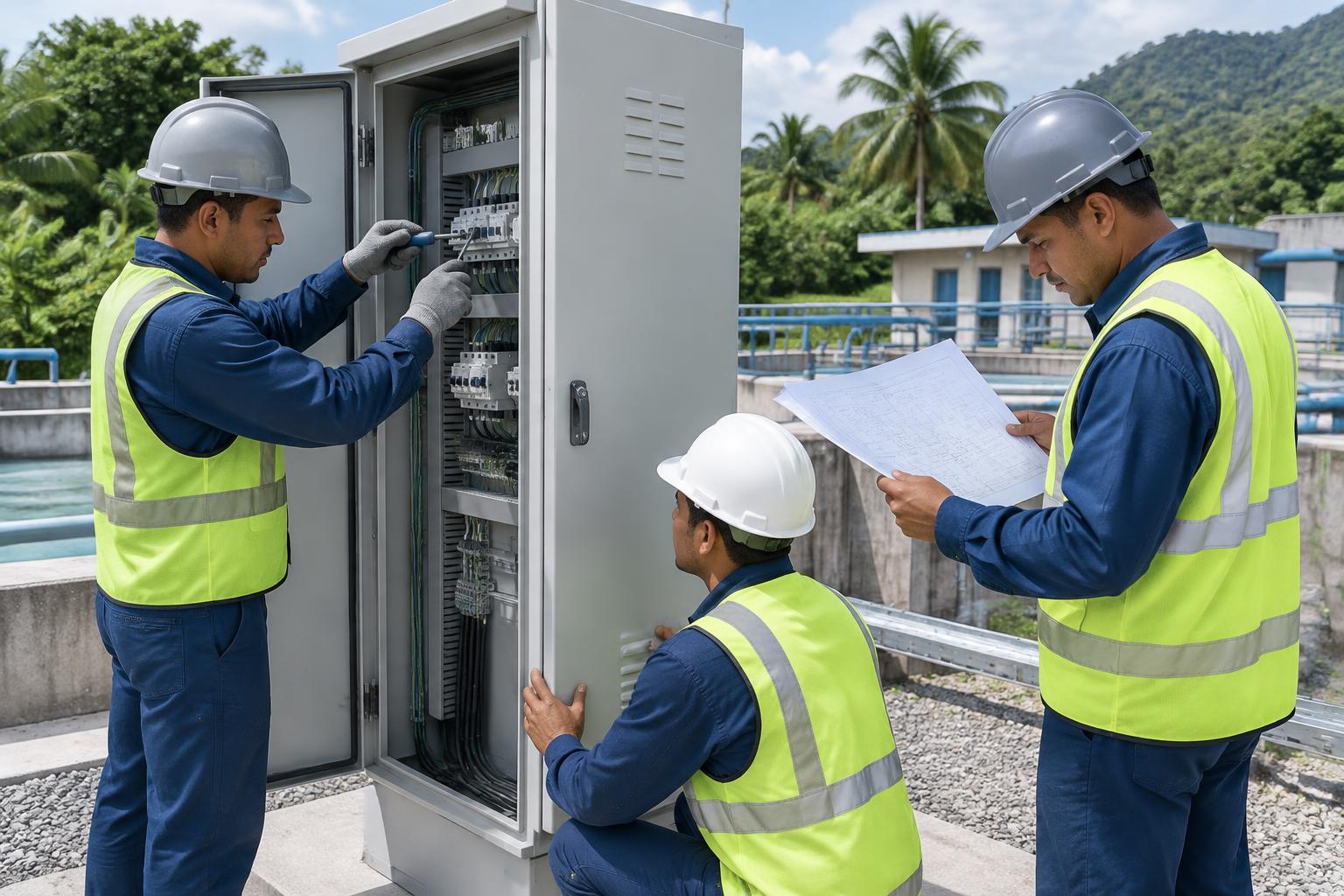 Imagen referencial de técnicos instalando un tablero de control en un entorno industrial tropical venezolano